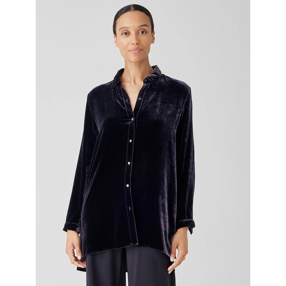 Velvet Women Blouse Shirt Button Long Sleeve Black Size M Made in USA A001640